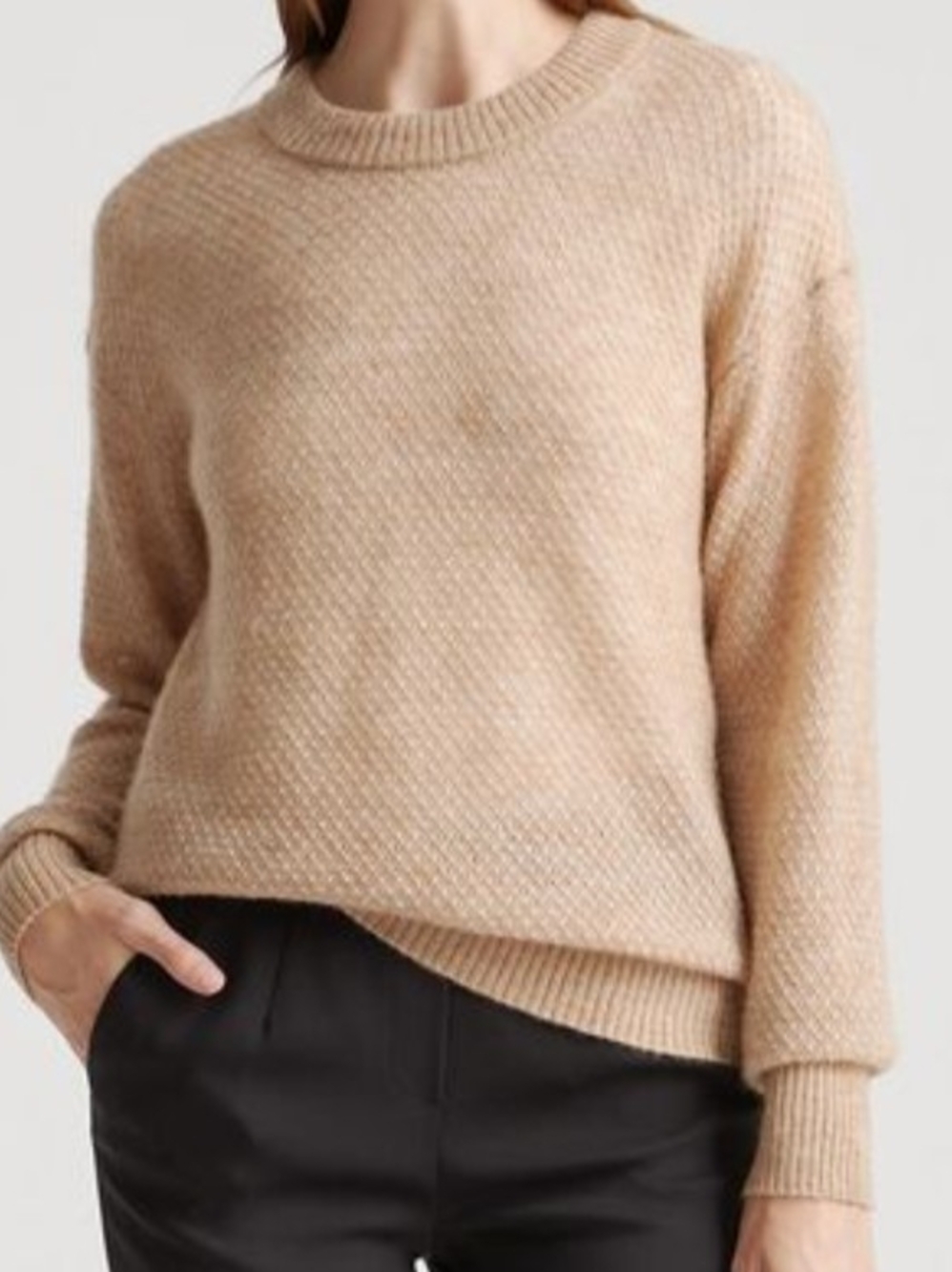 New Quince Baby Alpaca Wool Diamond Stitch Crew Sweater Natural Tan S